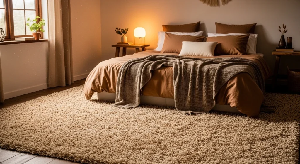 plush shag rug bedroom soft cozy texture warm aesthetic design