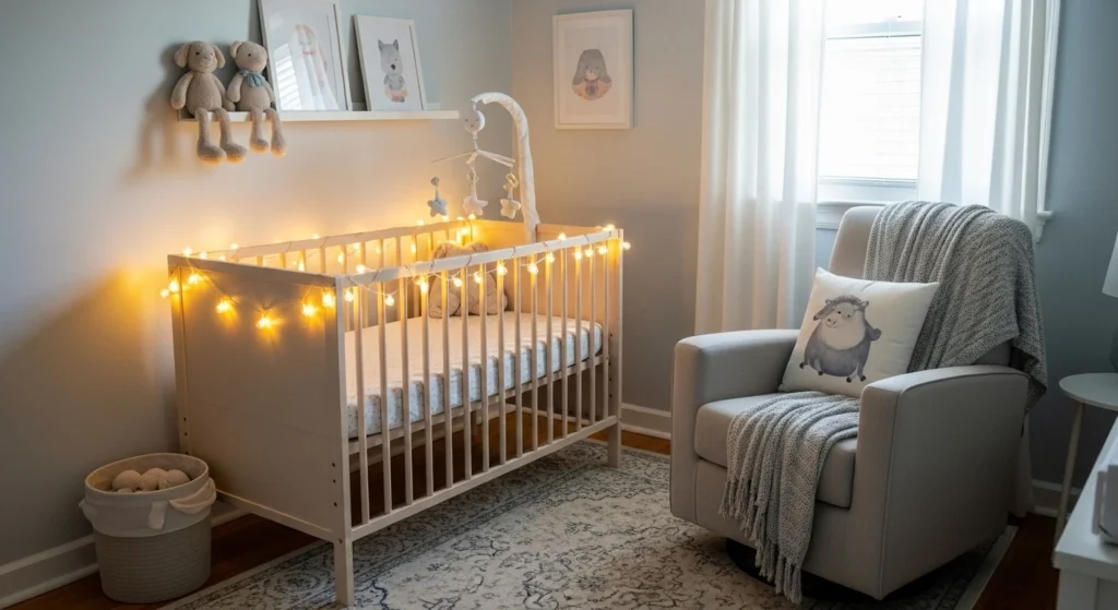 corner crib setup string lights small cozy nursery bedroom