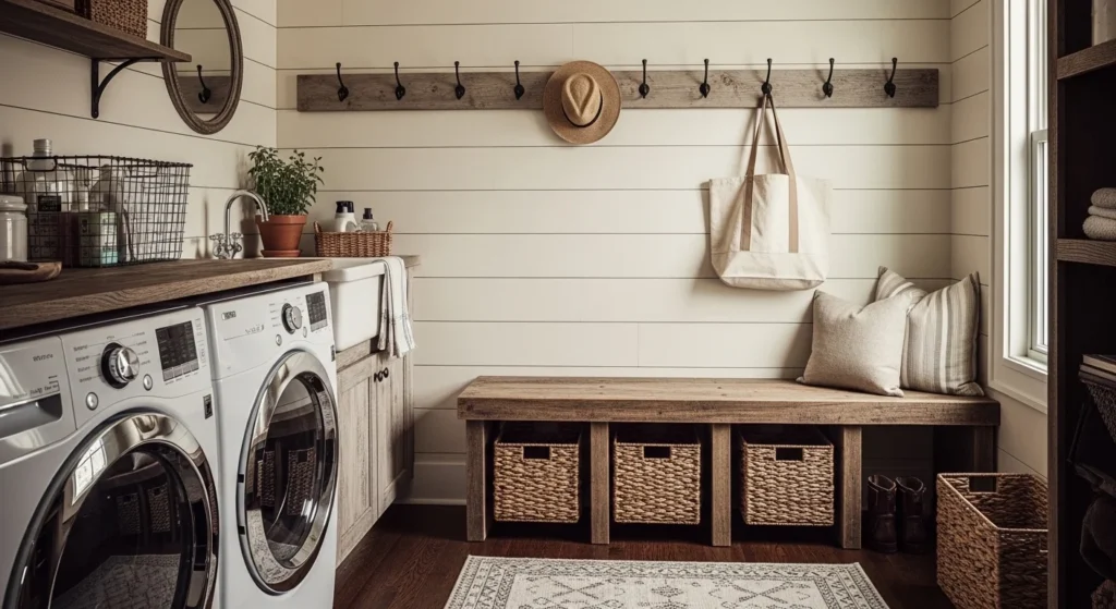 farmhouse mudroom laundry combo wood bench shiplap rustic cozy design