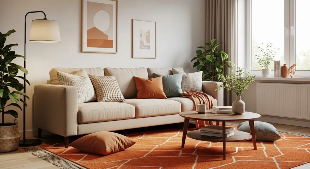 beige sofa orange rug warm cozy living room modern design