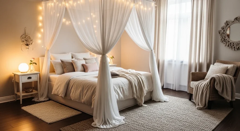 canopy bed romantic bedroom soft drapes warm lighting cozy elegant