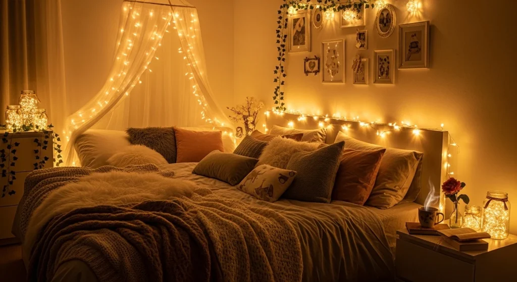 romantic bedroom fairy lights warm glow dreamy cozy aesthetic