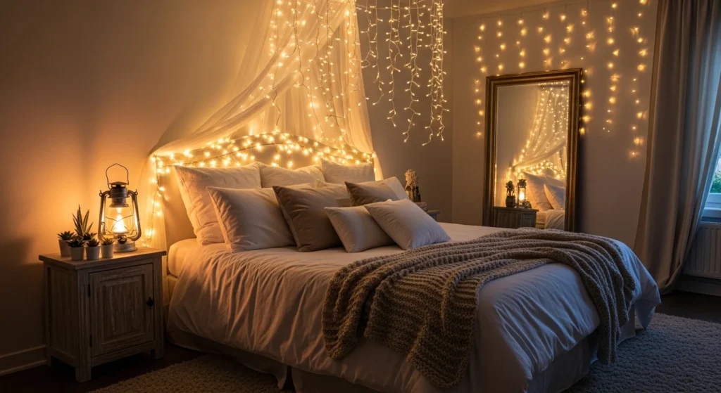 romantic bedroom fairy lights soft glowing dreamy aesthetic