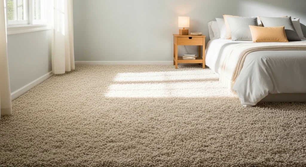 soft shag bedroom rug fluffy texture warm cozy serene aesthetic