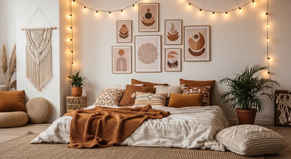 boho bedroom posters warm string lights earthy tones cozy aesthetic space