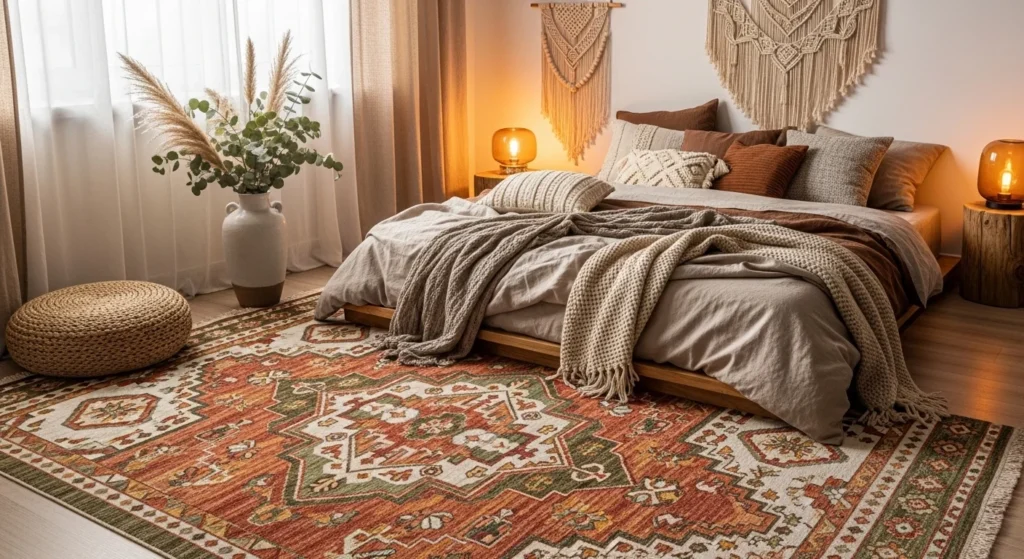 boho patterned rug bedroom earthy tones artistic cozy aesthetic