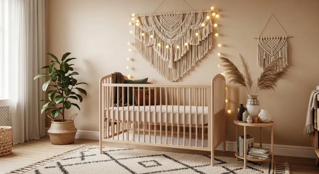 boho nursery bedroom crib macrame decor warm string lights aesthetic