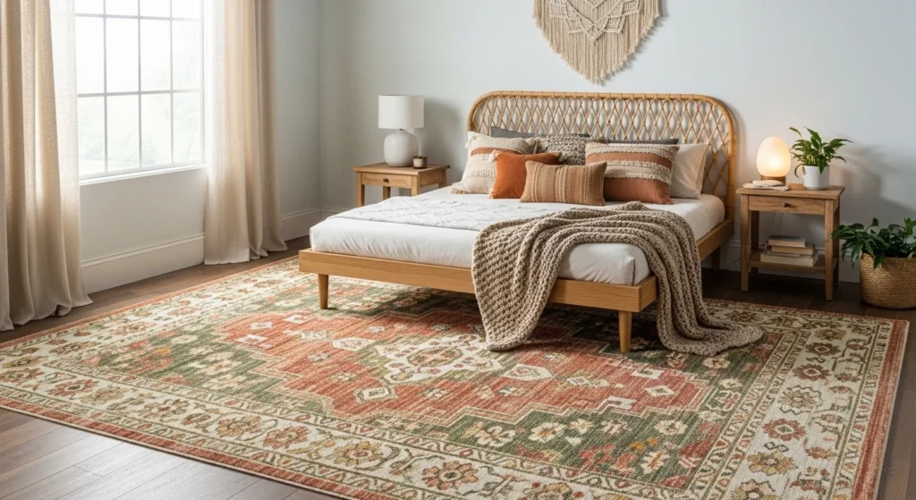 boho patterned rug bedroom earthy tones cozy aesthetic decor