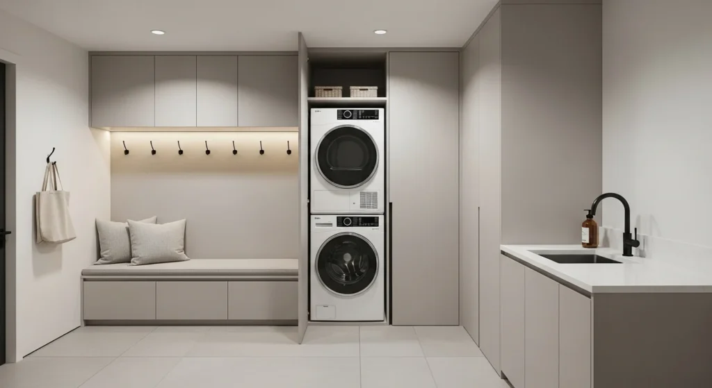 minimalist mudroom laundry combo clean lines neutral tones modern design