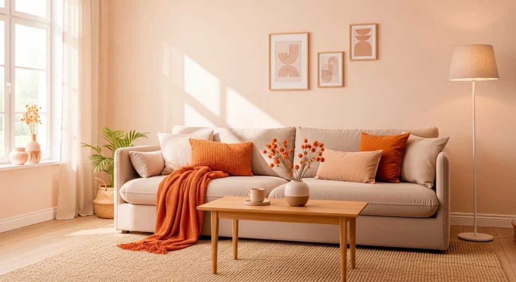 peach orange living room beige sofa soft bright cozy aesthetic