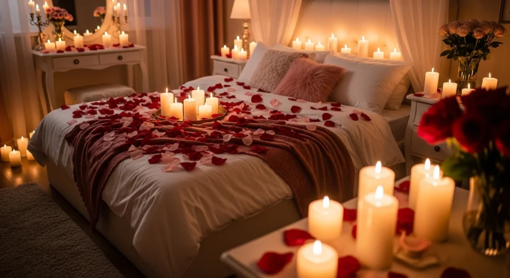 romantic bedroom rose petals bed candlelight soft cozy aesthetic