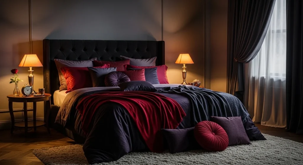 velvet romantic bedroom deep tones luxury bedding cozy elegant design