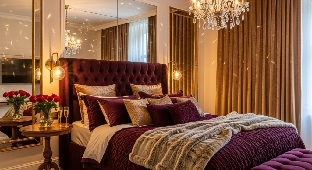 luxury romantic bedroom velvet textures cozy warm lighting elegant design