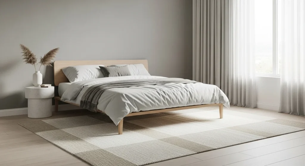 minimalist flatweave bedroom rug clean neutral tones serene modern look