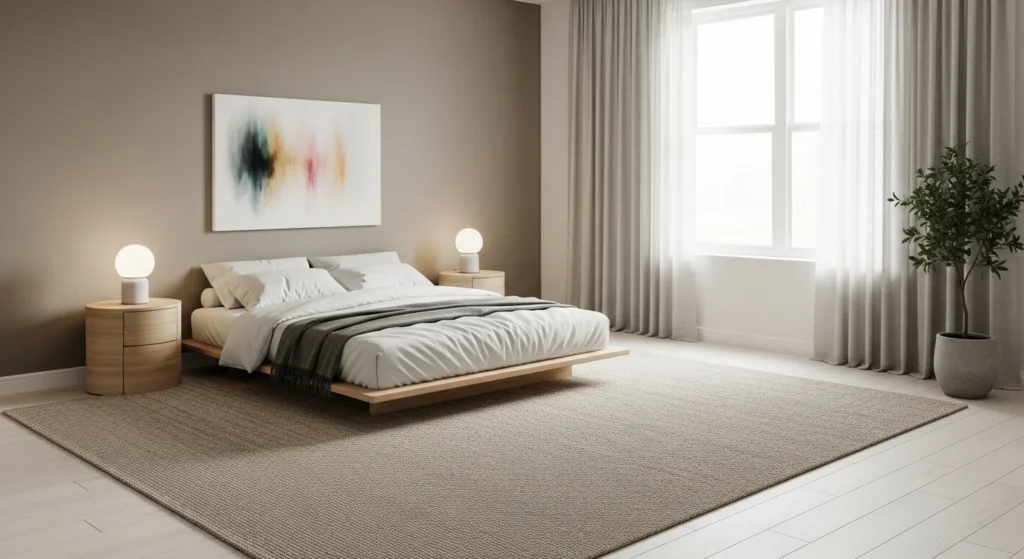 minimalist neutral rug bedroom beige tones clean modern aesthetic