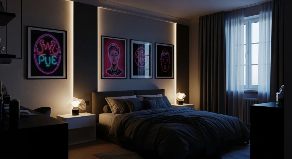 dark aesthetic bedroom neon posters LED lights cozy moody modern design