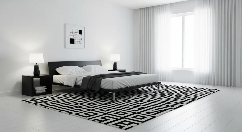 minimalist monochrome rug bedroom black white modern clean design