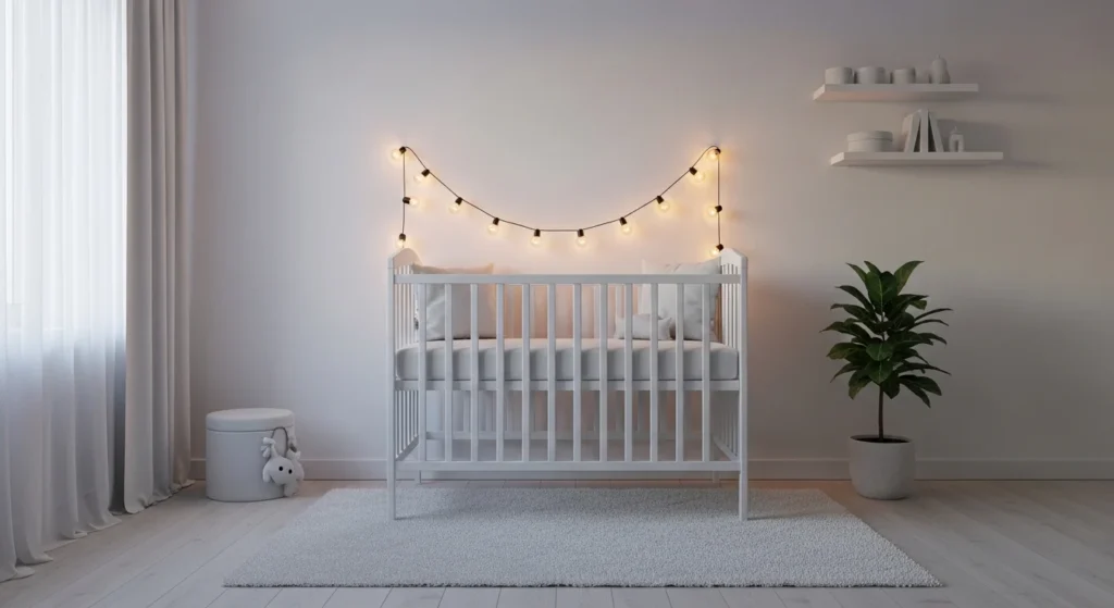 minimalist white nursery bedroom crib soft string lights clean design