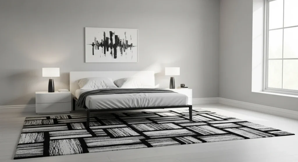 monochrome rug bedroom black white minimalist modern design
