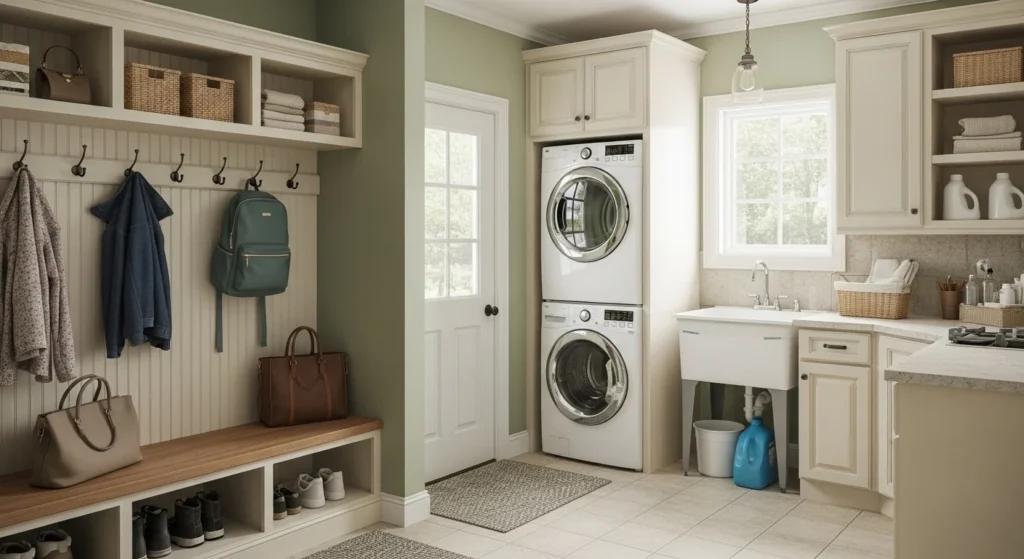 mudroom laundry combo bench seating storage cozy functional space