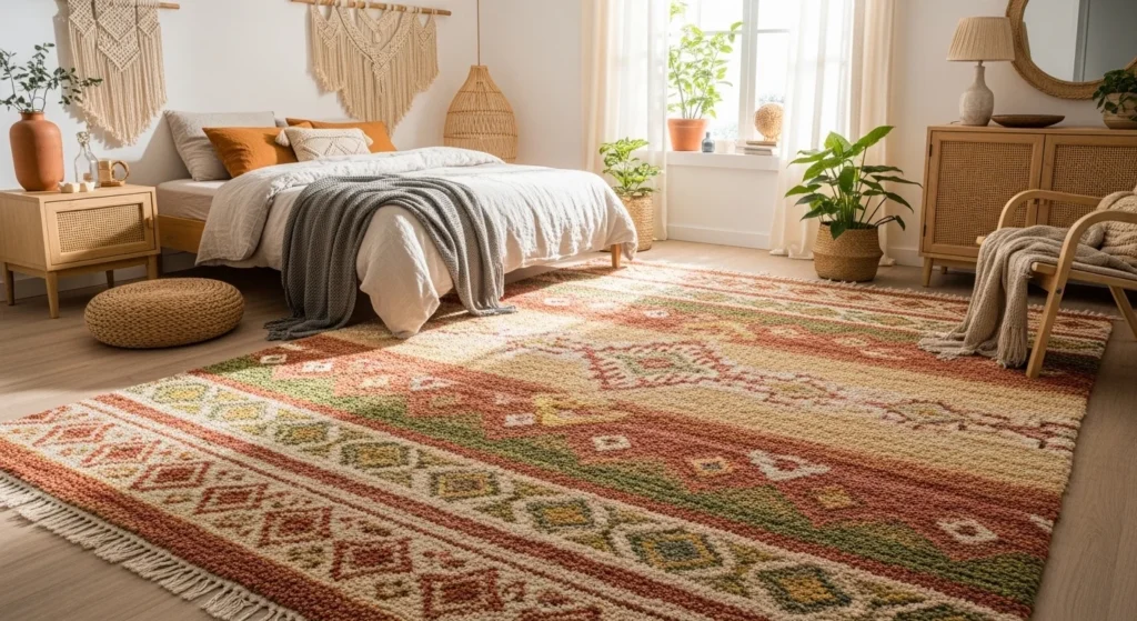 boho patterned bedroom rug earthy tones cozy warm serene aesthetic