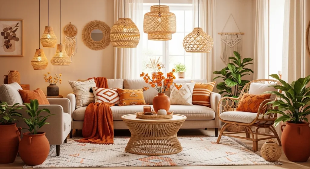 boho living room orange accents beige sofa rattan decor cozy aesthetic