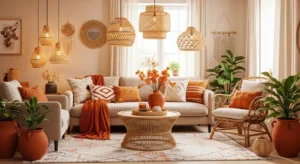 boho living room orange accents beige sofa rattan decor cozy aesthetic