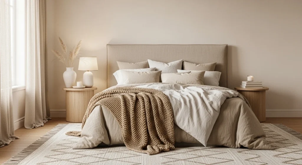neutral romantic bedroom soft textures beige tones cozy elegant