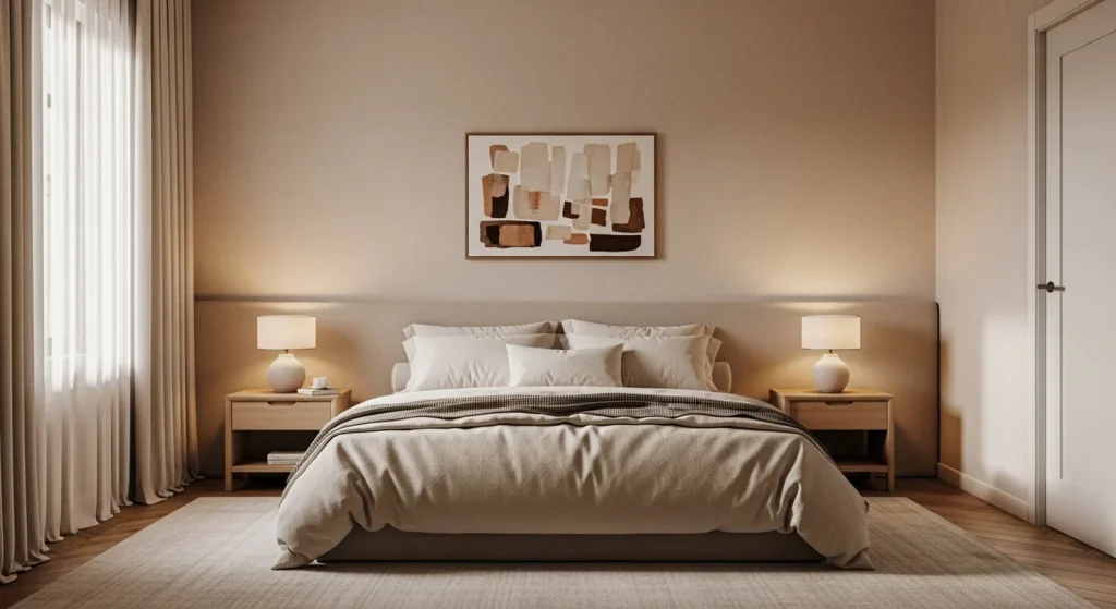 neutral romantic bedroom beige tones soft lighting cozy minimal aesthetic