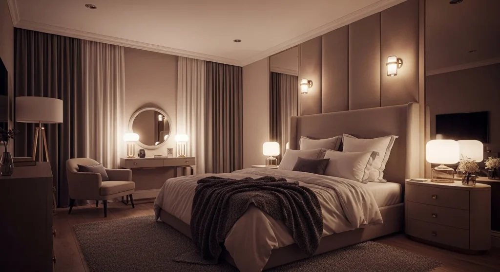 luxury romantic bedroom elegant lighting plush bedding cozy couple room