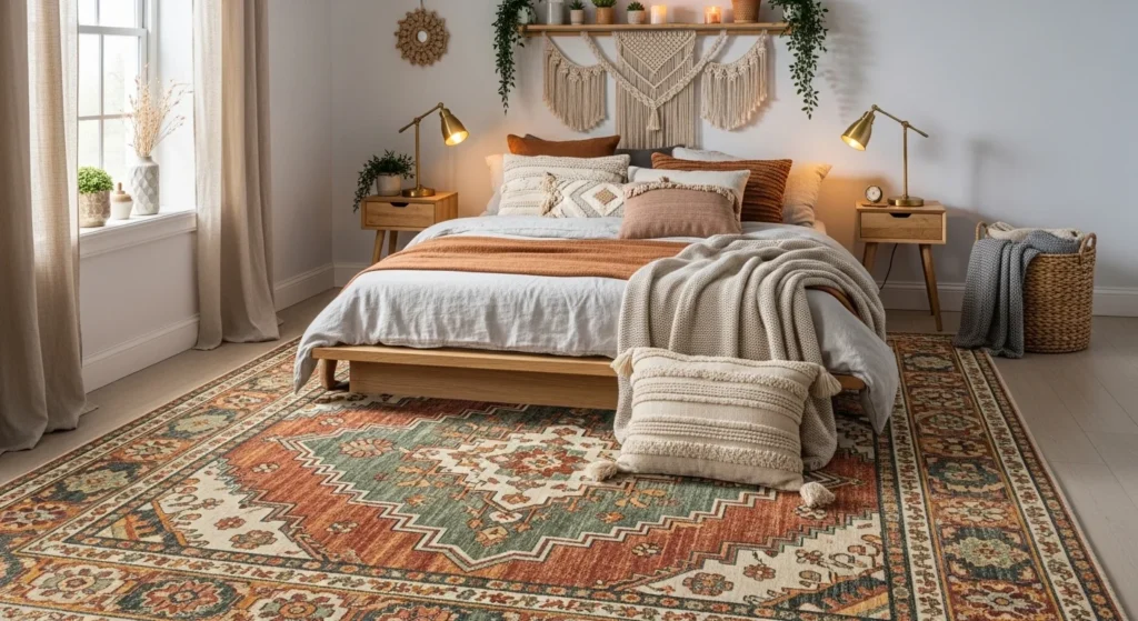 boho patterned rug bedroom earthy tones cozy layered decor aesthetic