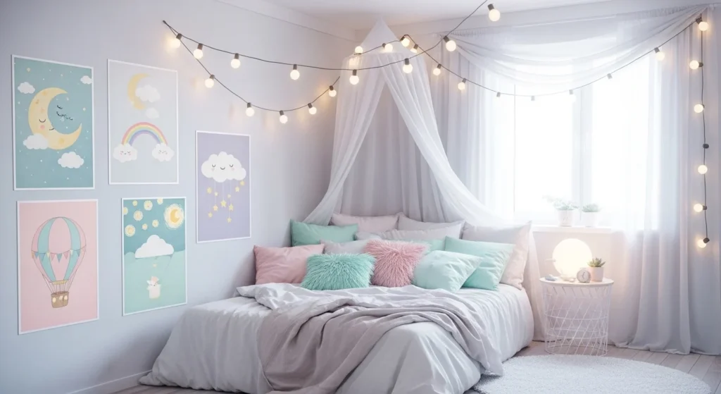 pastel bedroom cute posters string lights soft cozy dreamy aesthetic room