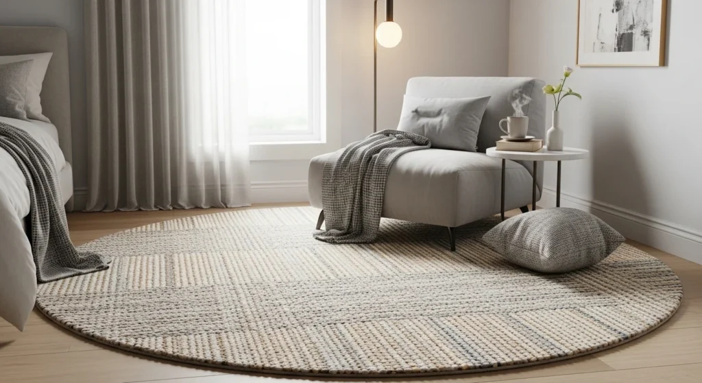 round rug bedroom cozy corner soft modern aesthetic design