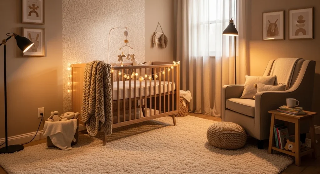 warm beige nursery bedroom crib layered textures cozy lighting