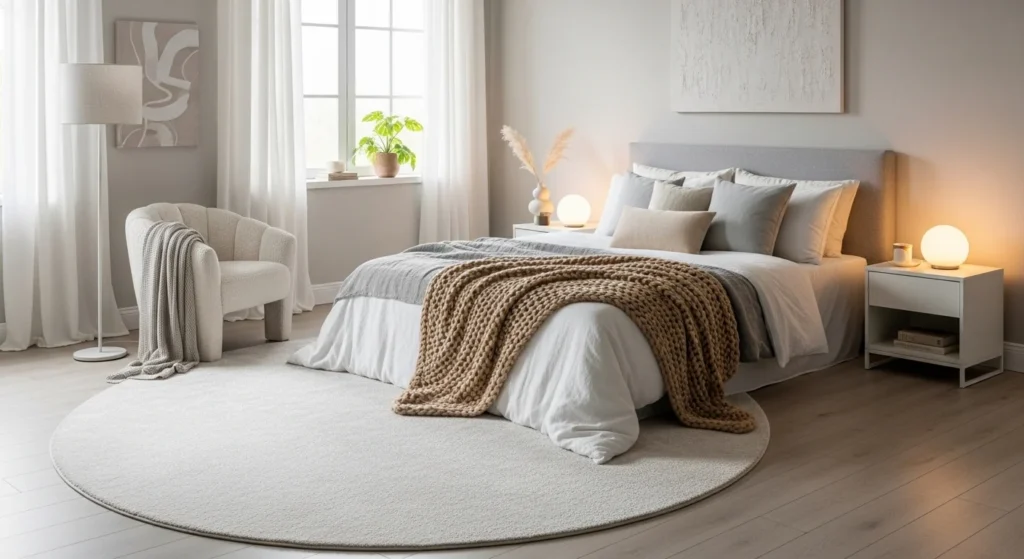 round rug bedroom soft layout cozy modern aesthetic