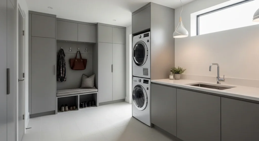 modern gray mudroom laundry combo sleek cabinets contemporary style