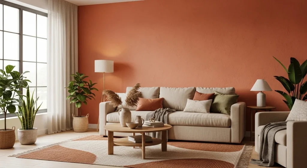 terracotta orange walls beige sofa earthy cozy modern living room