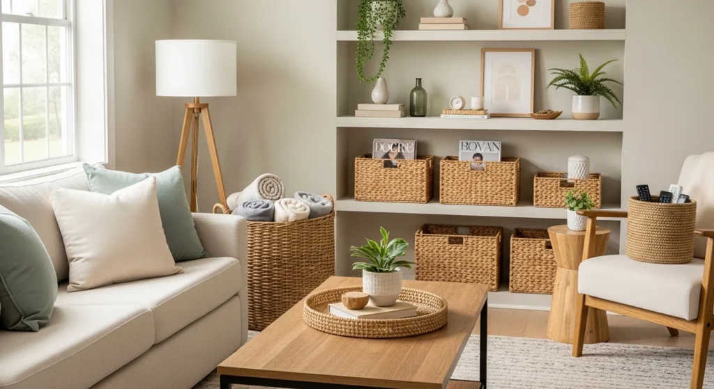 woven baskets storage organized cozy living room tidy aesthetic
