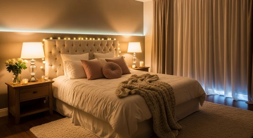 romantic bedroom warm lighting soft glow cozy intimate design