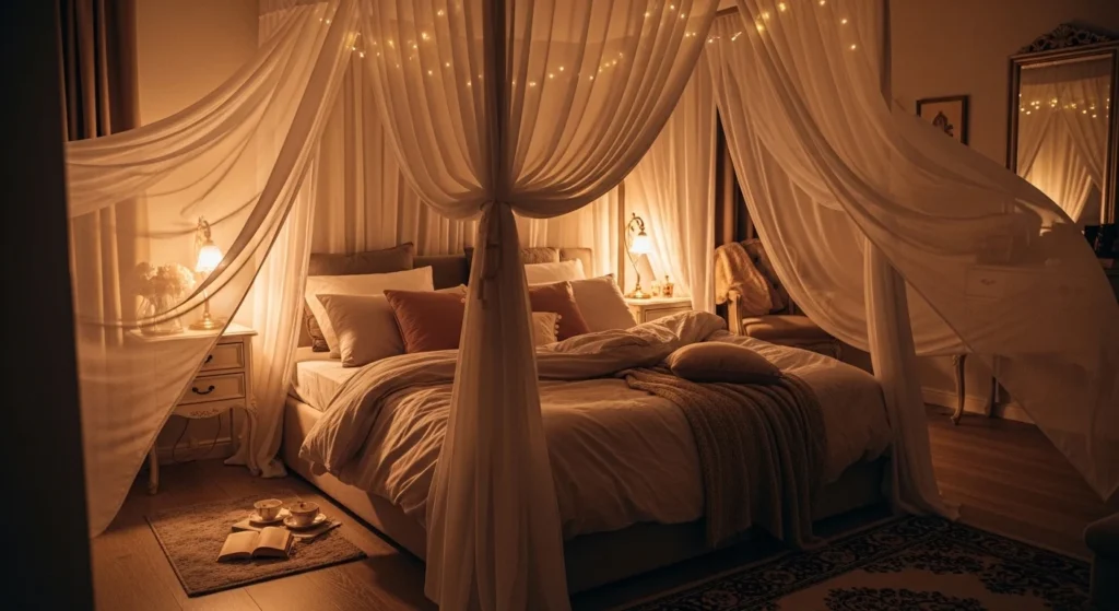 canopy bed romantic bedroom soft drapes warm lighting dreamy cozy setup