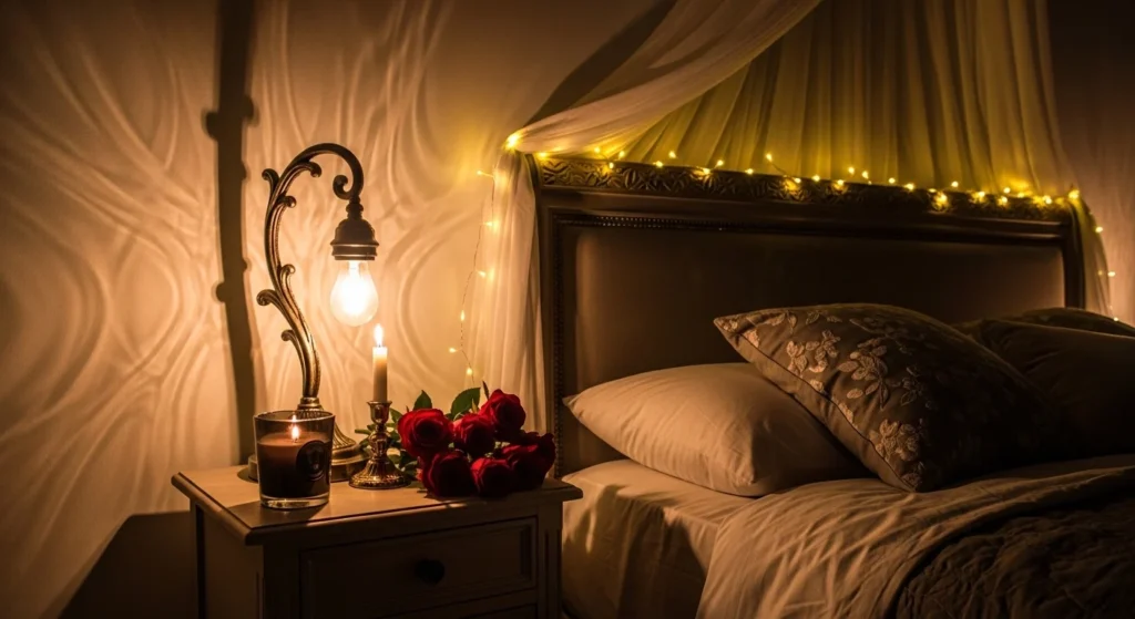 dark romantic bedroom warm lighting moody cozy couple aesthetic