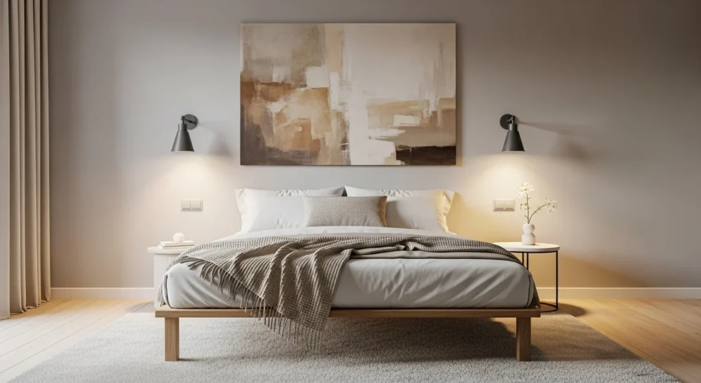 minimalist romantic bedroom clean design soft lighting neutral tones