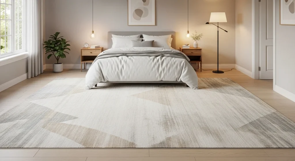 large area rug bedroom under bed neutral tones spacious serene design