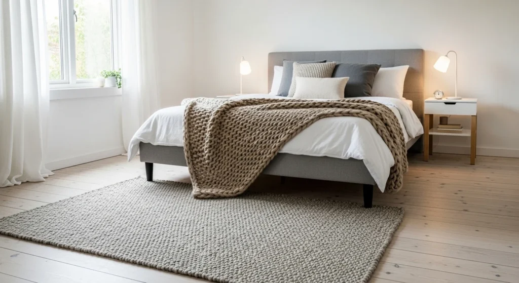 rug at foot of bed bedroom styling simple cozy modern layout