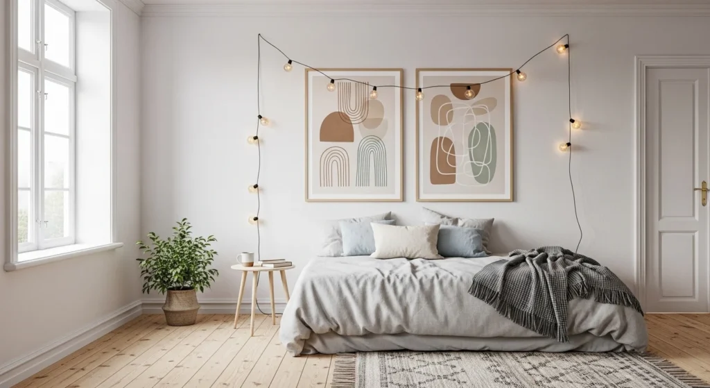 scandinavian bedroom simple posters string lights minimal cozy clean design