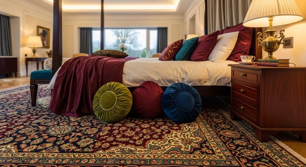 vintage persian rug bedroom rich colors elegant cozy luxury design