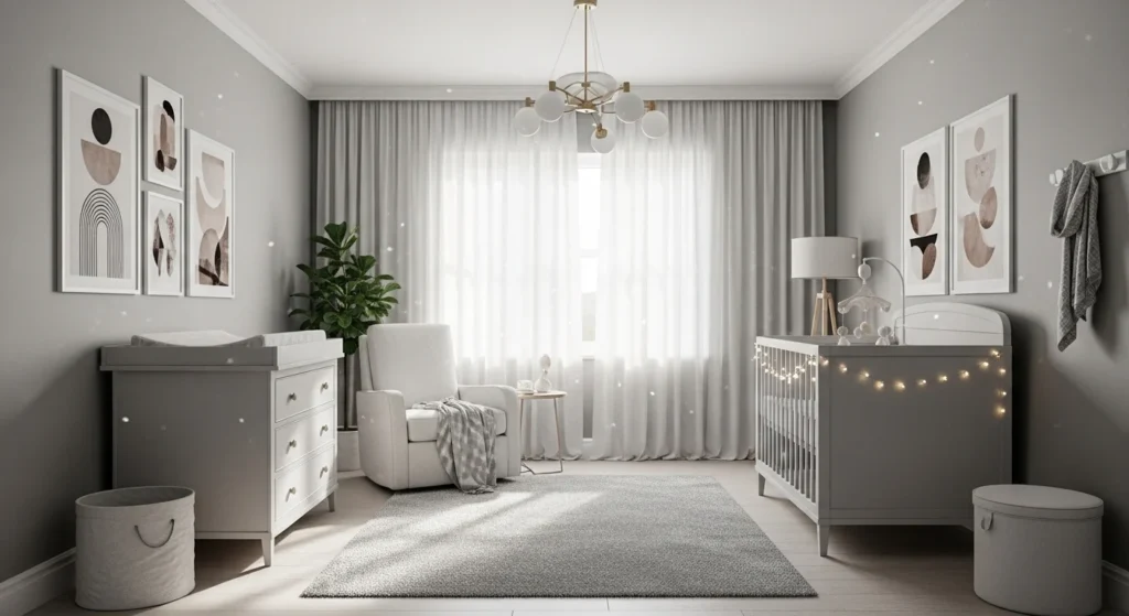 modern gray nursery bedroom crib subtle string lights cozy design