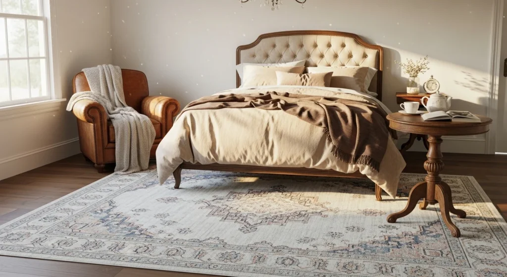 vintage rug bedroom faded pattern cozy elegant style