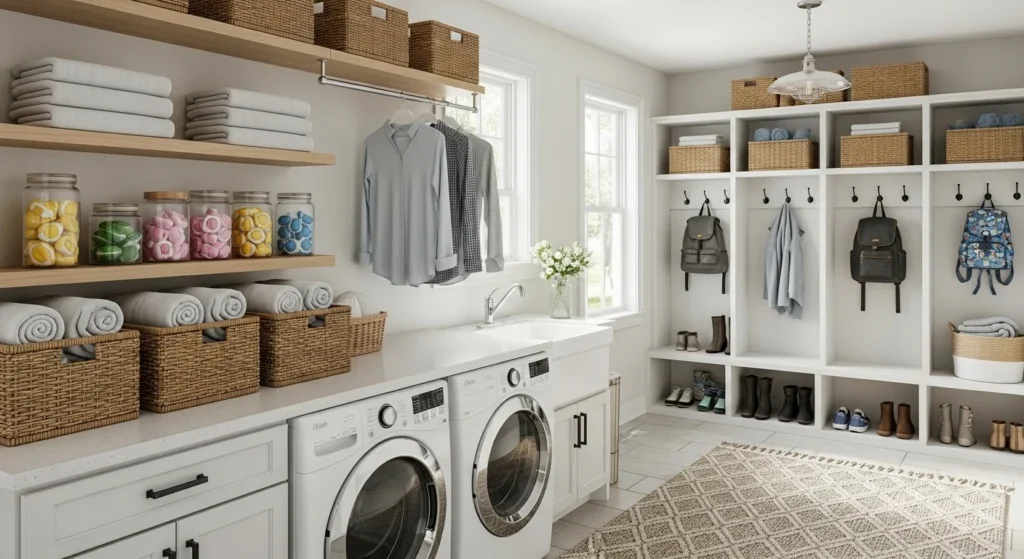 mudroom laundry combo open shelves baskets organized airy design