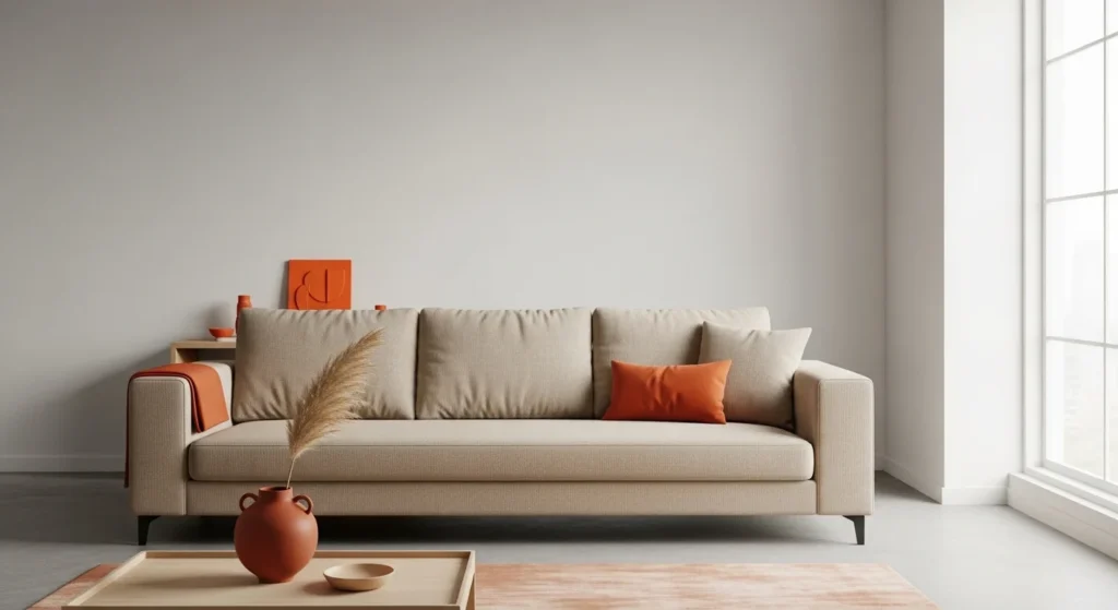 minimalist living room beige sofa small orange decor clean modern aesthetic